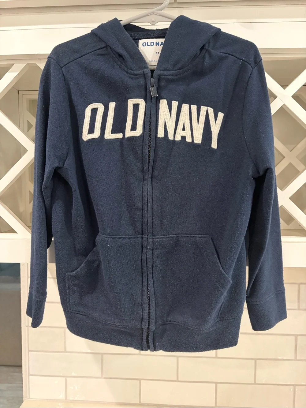 Old Navy Navy Blue Hooded Zip-Up Sweatshirt with White Logo 5T